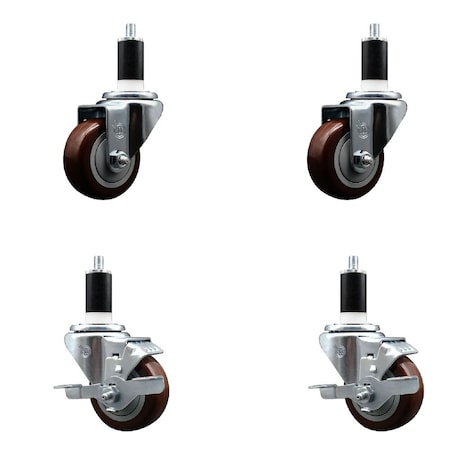 Service Caster 3'' SS Maroon Poly Wheel Swivel 1-3/8'' Expanding Stem Caster Set 2 Brakes, 4PK SCC-SSEX20S314-PPUB-MRN-2-TLB-2-138